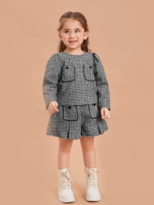 Toddler Girls Pocket Patched Plaid Tweed Blouse