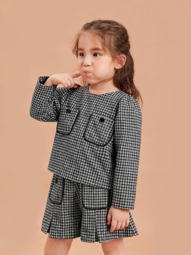 Toddler Girls Pocket Patched Plaid Tweed Blouse