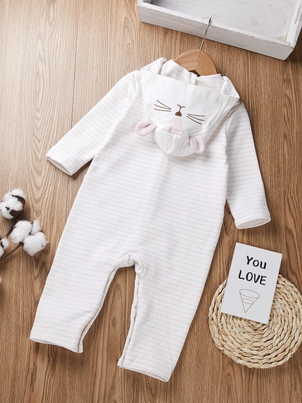 Baby Striped Button Up 3D Ear Hooded Jumpsuit