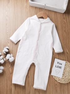 Baby Striped Button Up 3D Ear Hooded Jumpsuit