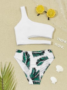 Girls Leaf Print Cut-out One Shoulder Bikini Swimsuit