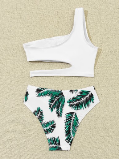 Girls Leaf Print Cut-out One Shoulder Bikini Swimsuit