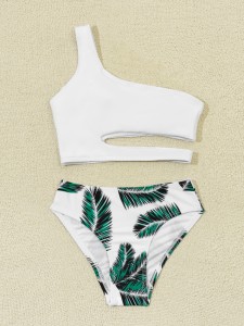 Girls Leaf Print Cut-out One Shoulder Bikini Swimsuit