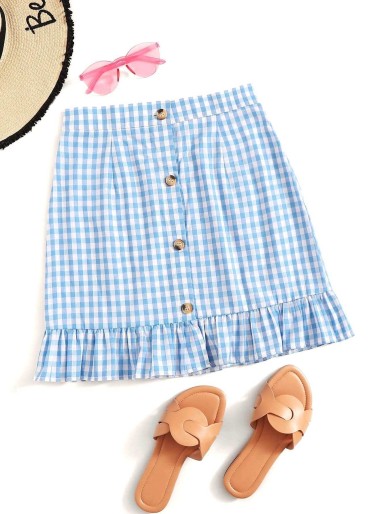 Gingham Button Front Ruffle Hem Skirt