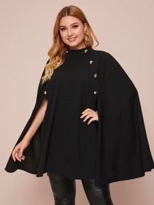 Plus Mock-neck Button Detail Cape Coat