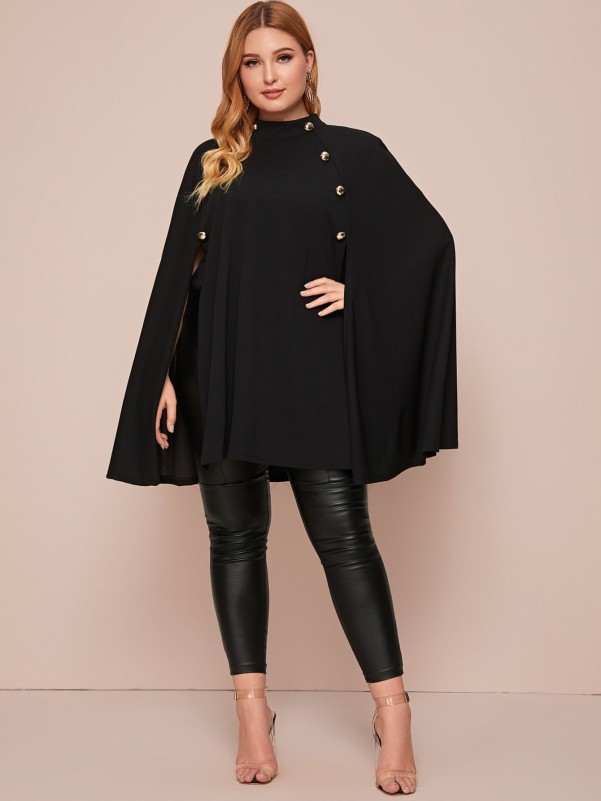 Plus Mock-neck Button Detail Cape Coat