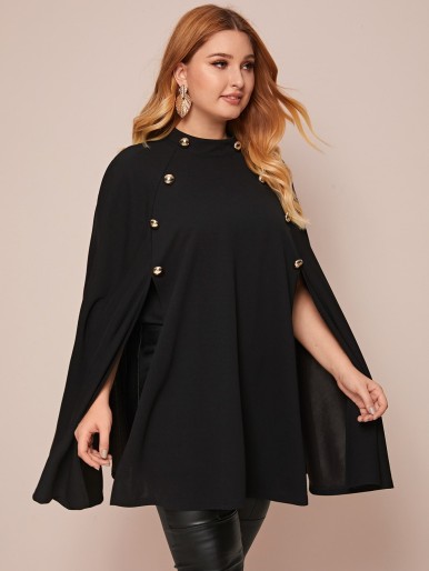 Plus Mock-neck Button Detail Cape Coat