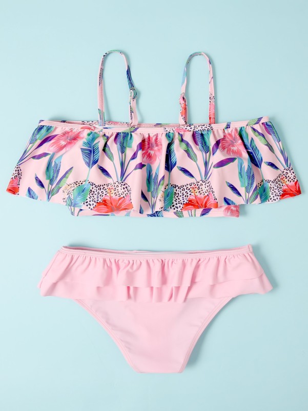 Girls Floral Ruffle Hem Bikini Swimsuit