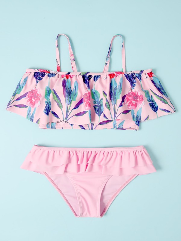 Girls Floral Ruffle Hem Bikini Swimsuit