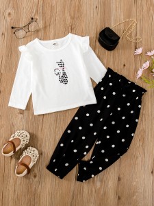 Toddler Girls Polka Dot And Cat Print Tee & Sweatpants