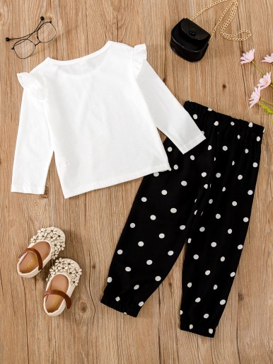 Toddler Girls Polka Dot And Cat Print Tee & Sweatpants