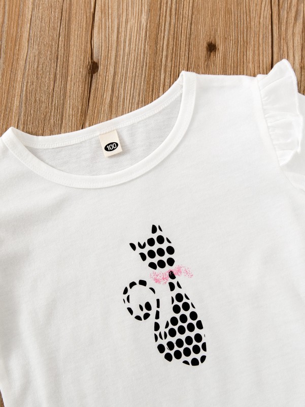 Toddler Girls Polka Dot And Cat Print Tee & Sweatpants