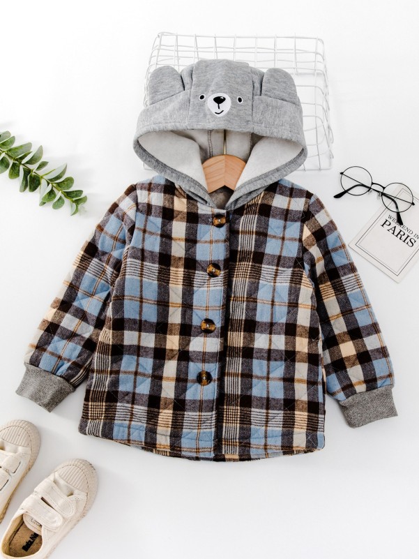 Toddler Boys Tartan 3D Ear Design Hooded Teddy Lined Quilted Coat