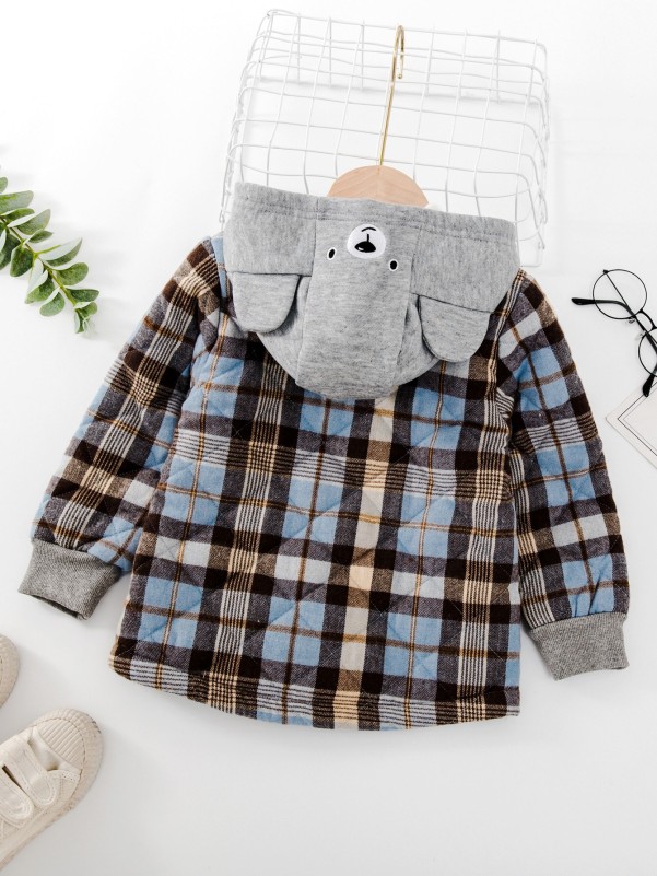 Toddler Boys Tartan 3D Ear Design Hooded Teddy Lined Quilted Coat