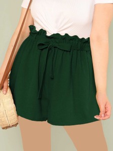 Plus Paperbag Waist Solid Belted Shorts
