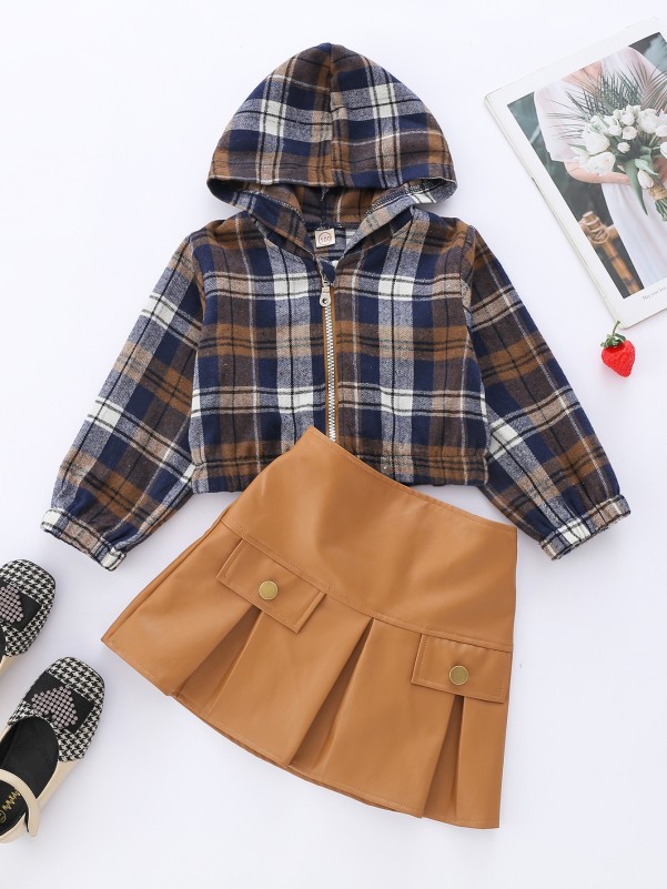 Toddler Girls Zip Up Plaid Jacket & PU Skirt