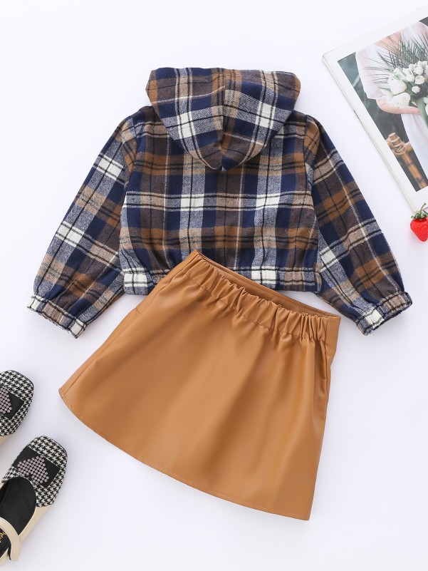 Toddler Girls Zip Up Plaid Jacket & PU Skirt