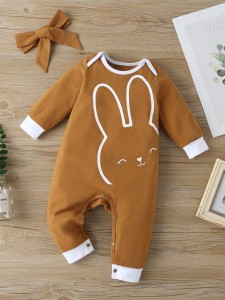 Baby Rabbit Print Contrast Binding Jumpsuit & Headband