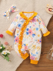 Baby Frill Trim Floral Jumpsuit & Headband