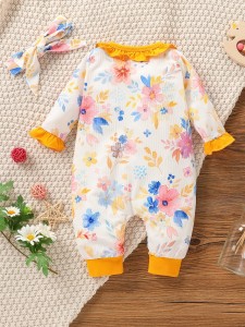 Baby Frill Trim Floral Jumpsuit & Headband