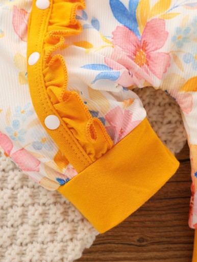 Baby Frill Trim Floral Jumpsuit & Headband