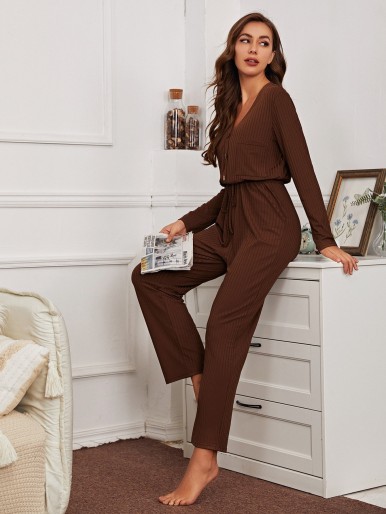 Half Button Knot Front Lounge Jumpsuit