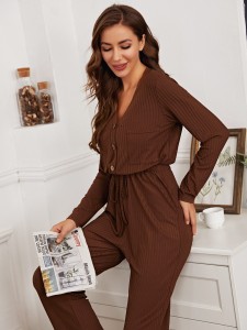 Half Button Knot Front Lounge Jumpsuit