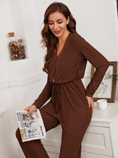 Half Button Knot Front Lounge Jumpsuit