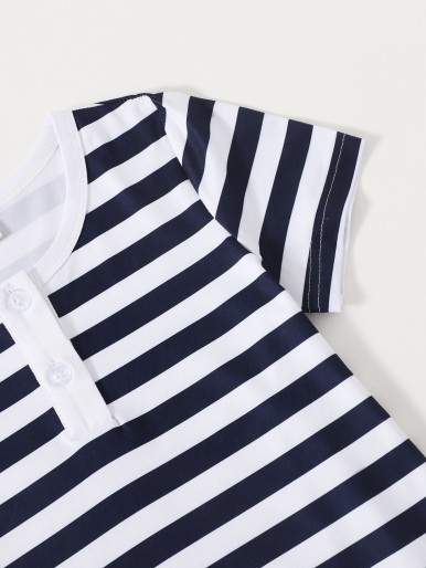 Toddler Boys Striped Buttoned Crew Neck Tee