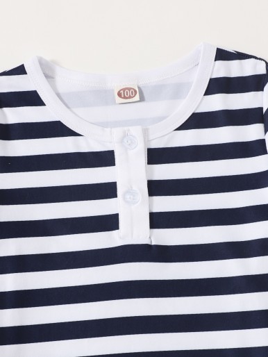 Toddler Boys Striped Buttoned Crew Neck Tee