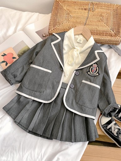 Toddler Girls Patched Detail Contrast Binding Blazer & Pleated Skirt Without Blouse