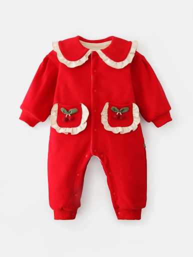 Cherry Patched Doll Collar Thermal Lined Jumpsuit