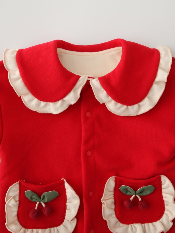 Cherry Patched Doll Collar Thermal Lined Jumpsuit