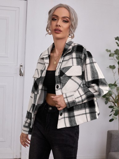 Plaid Print Flap Pocket Wool-Mix Fabric Overcoat