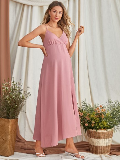 Maternity Surplice Neck Split Thigh Slip Dress