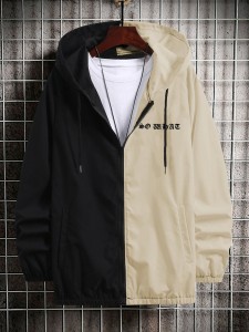 Men Two Tone Drawstring Hooded Jacket