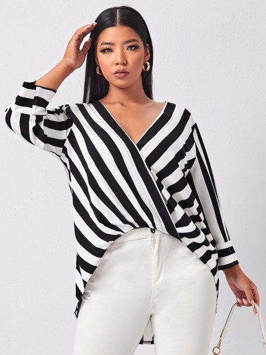 Plus Striped V Neck Blouse