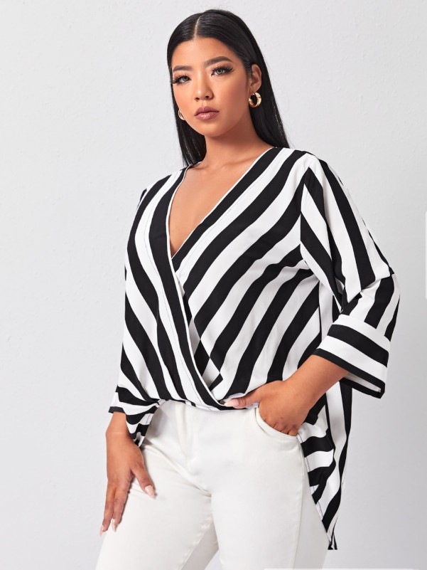 Plus Striped V Neck Blouse