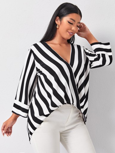 Plus Striped V Neck Blouse