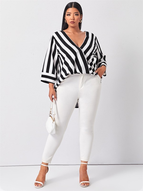 Plus Striped V Neck Blouse