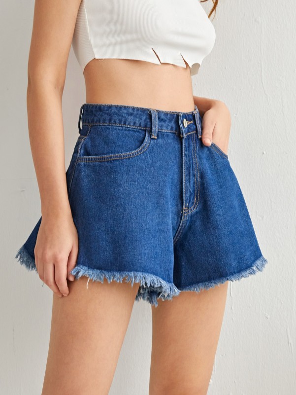 High Waist Raw Hem Wide Leg Denim Shorts