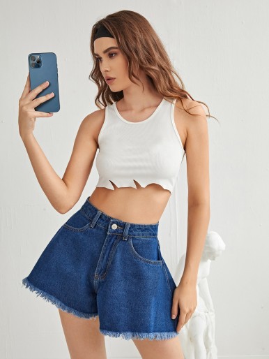 High Waist Raw Hem Wide Leg Denim Shorts