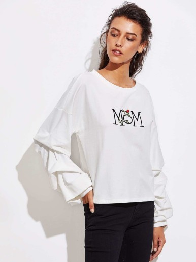 Drop Shoulder Gathered Sleeve Embroidered Pullover