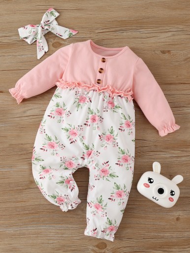 Baby Floral Ruffle Trim Flounce Sleeve Jumpsuit With Headband