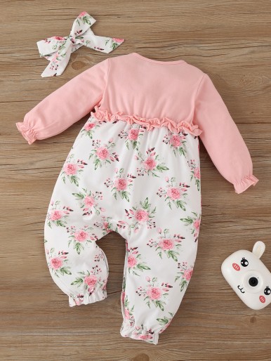 Baby Floral Ruffle Trim Flounce Sleeve Jumpsuit With Headband