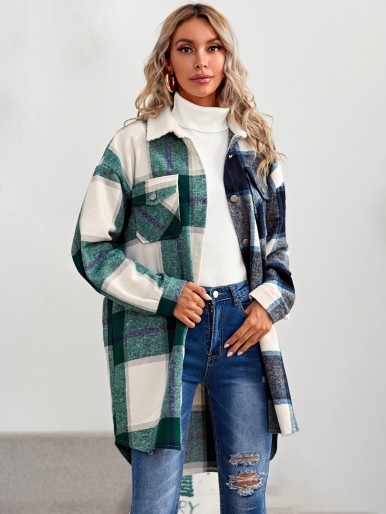 Plaid Flap Pocket Overshirt With Borg Collar