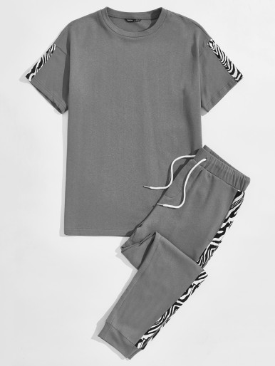 Men Zebra Print Tee & Drawstring Joggers Set