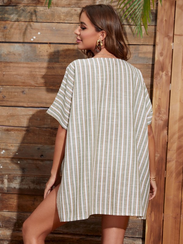 Drawstring Waist Slit Hem Stripe Kimono