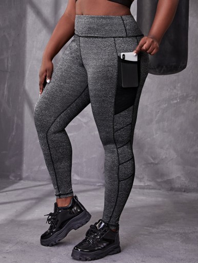 Plus Contrast Mesh Sports Leggings With Phone Pocket