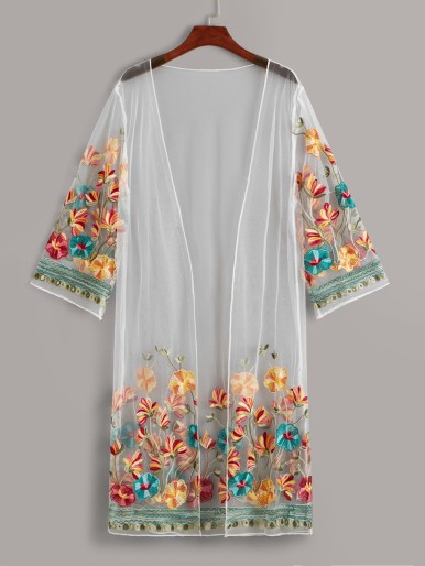 Embroidery Mesh Longline Kimono